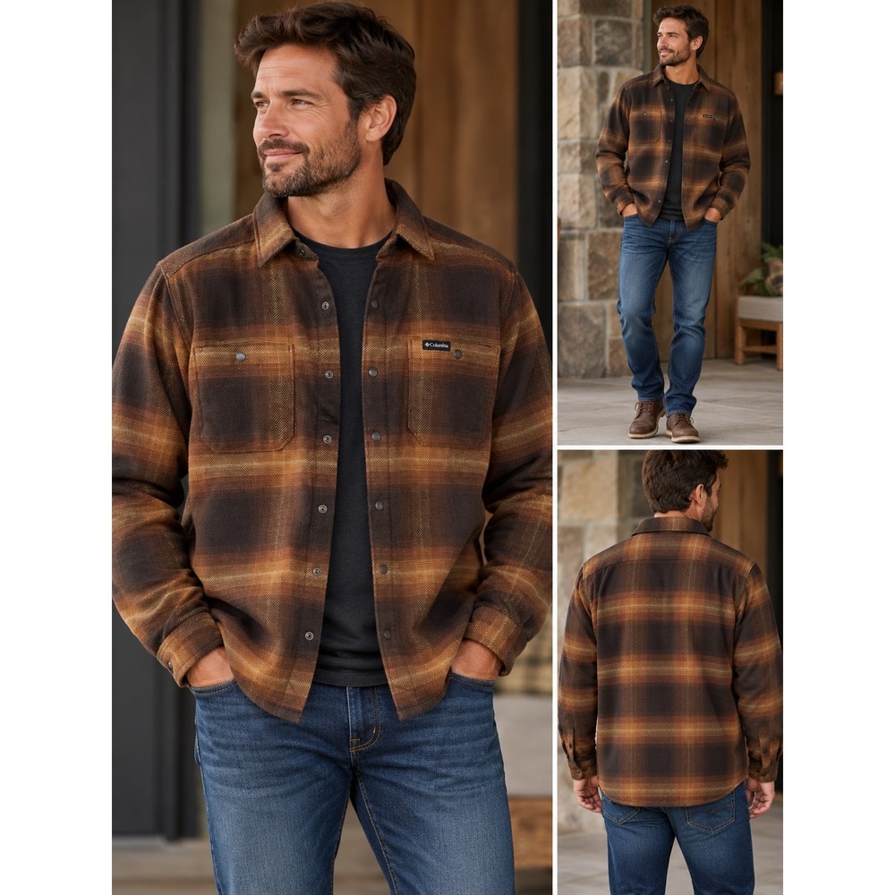 Columbia Windward II Shirt Jacket Brown Plaid Sherpa Lined AM9711-256 Mens Small